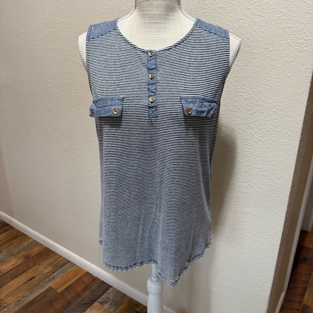 Faith and Joy - Blue and White Striped Sleeveless Top - Size Medium